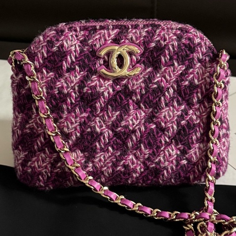 Chanel 香奈兒 千鳥格粉色毛呢款貝殼斜挎包 芯片款Vic禮物包 有塵袋