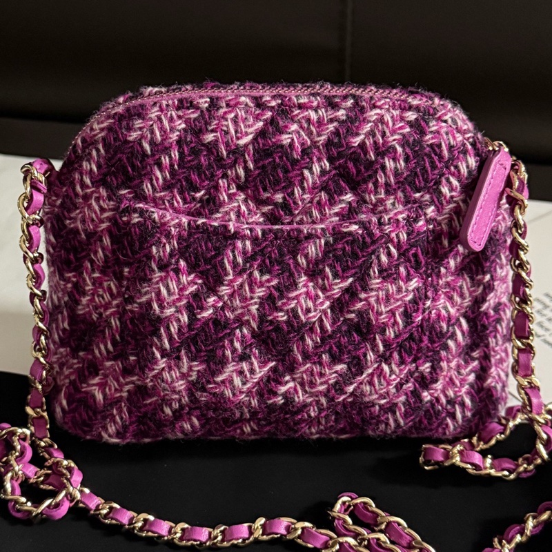 Chanel 香奈兒 千鳥格粉色毛呢款貝殼斜挎包 芯片款Vic禮物包 有塵袋-1