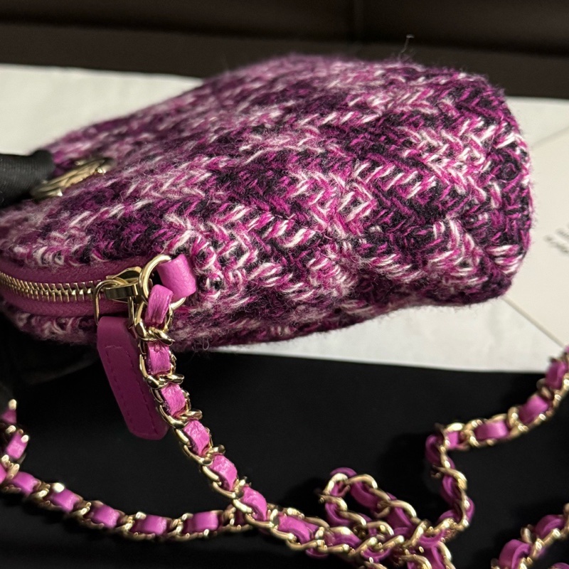 Chanel 香奈兒 千鳥格粉色毛呢款貝殼斜挎包 芯片款Vic禮物包 有塵袋-2