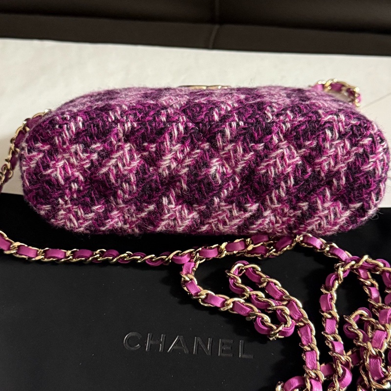 Chanel 香奈兒 千鳥格粉色毛呢款貝殼斜挎包 芯片款Vic禮物包 有塵袋-4