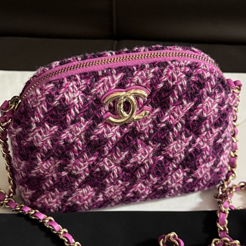 Chanel 香奈兒 千鳥格粉色毛呢款貝殼斜挎包 芯片款Vic禮物包 有塵袋-5