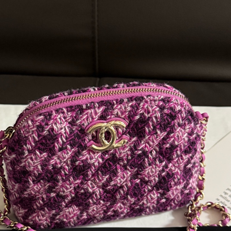 Chanel 香奈兒 千鳥格粉色毛呢款貝殼斜挎包 芯片款Vic禮物包 有塵袋-8