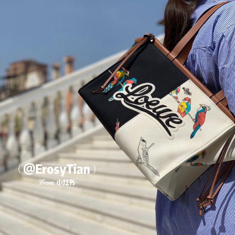LOEWE Paula聯名款黑白拼色托特包 32×15×23cm 99新配件塵袋-0