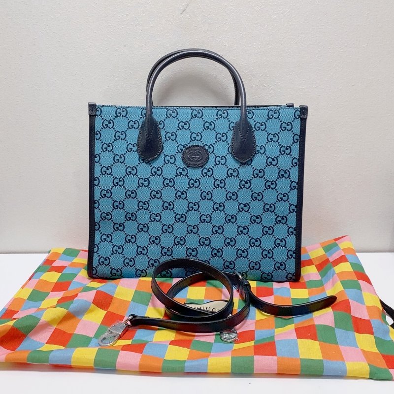 gucci  Retro系列牛仔藍滿logo拼皮 托特包手提斜背包31x26.5x14cm  99新配件塵袋-1