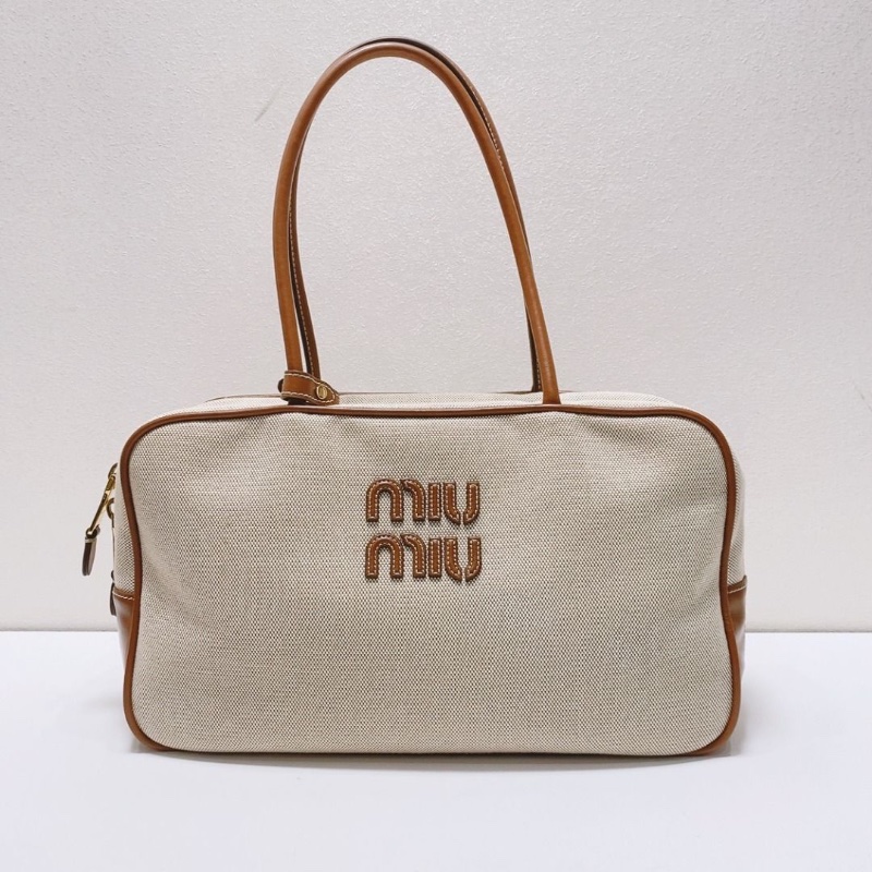 miumiu Beau系列米白拼棕色 帆布保齡球大號手提包34×11×19cm 9新 配件塵袋-1