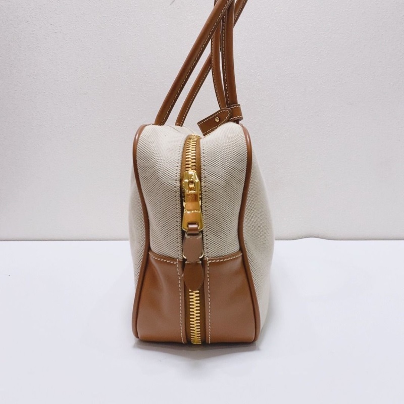 miumiu Beau系列米白拼棕色 帆布保齡球大號手提包34×11×19cm 9新 配件塵袋-6