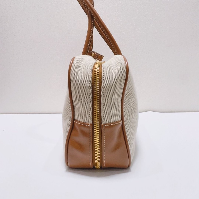 miumiu Beau系列米白拼棕色 帆布保齡球大號手提包34×11×19cm 9新 配件塵袋-7