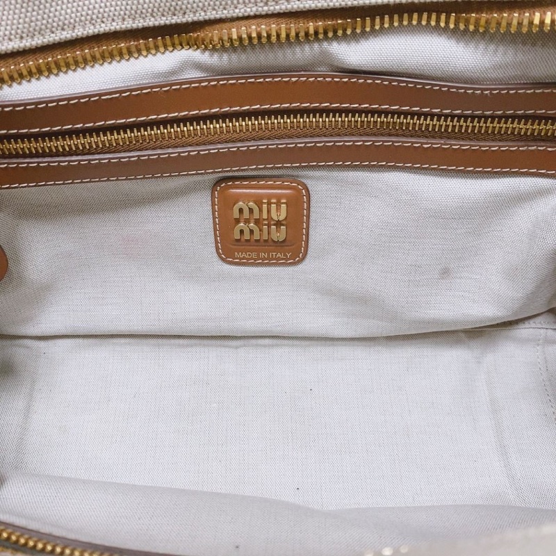 miumiu Beau系列米白拼棕色 帆布保齡球大號手提包34×11×19cm 9新 配件塵袋-8