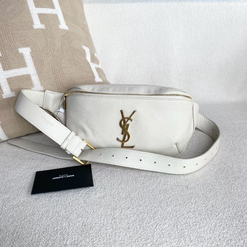YSL 全皮腰包  白色金扣牛皮25*13*9  98新配件塵袋-1