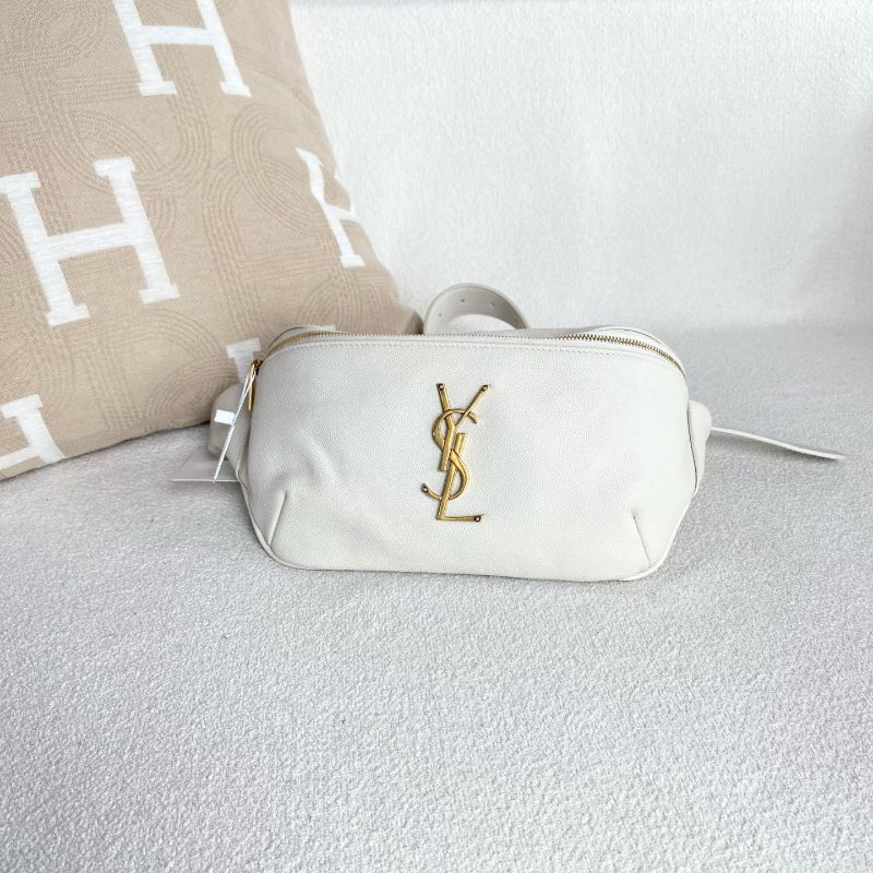 YSL 全皮腰包  白色金扣牛皮25*13*9  98新配件塵袋-2