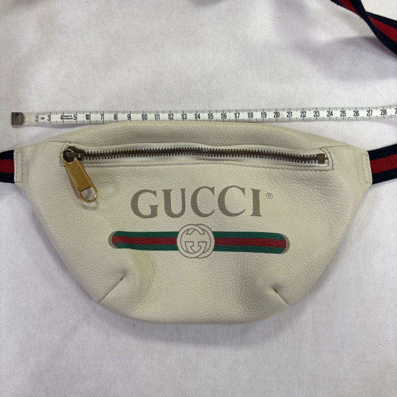 出清價專櫃熱賣款正品✨ GUCCI 古馳 經典印花LOGO綠紅綠條紋設計牛皮拉鍊胸包/腰包(米白)-10