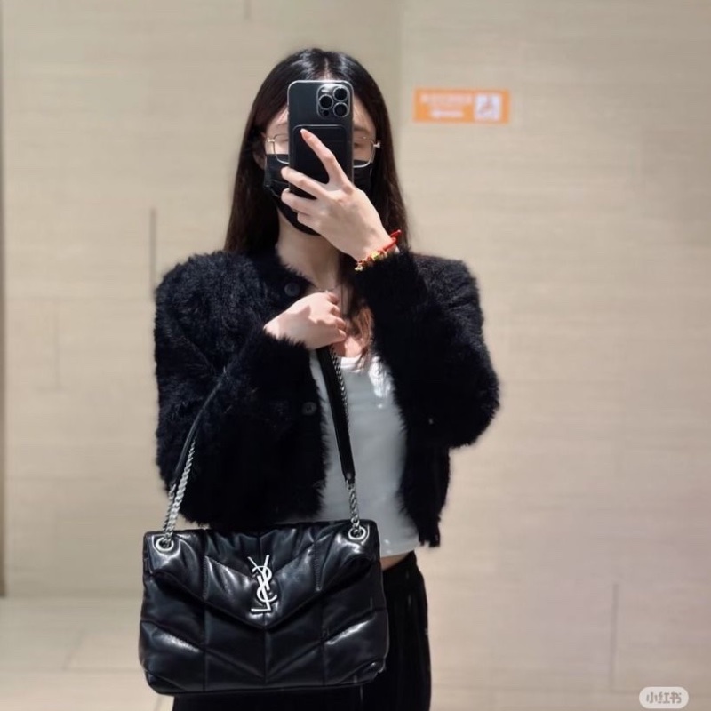 Ysl Loulou Puffer 雲朵包 黑銀鏈條包肩背斜背包羊皮33*21.5*13 9新 配件塵袋-1