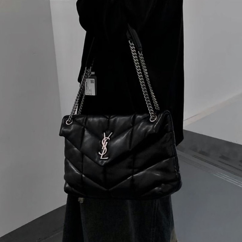 Ysl Loulou Puffer 雲朵包 黑銀鏈條包肩背斜背包羊皮33*21.5*13 9新 配件塵袋-2