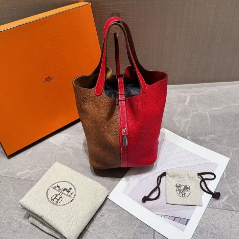Hermes 金棕拼心紅色 TC皮 銀扣菜籃子22 22*21cm  95新 配件鑰匙 鎖 塵袋 盒子-1