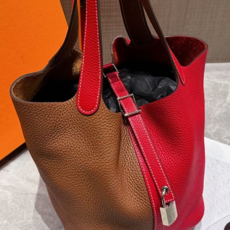 Hermes 金棕拼心紅色 TC皮 銀扣菜籃子22 22*21cm  95新 配件鑰匙 鎖 塵袋 盒子-3