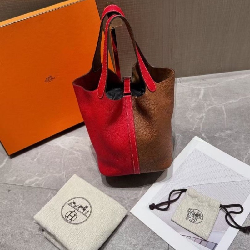 Hermes 金棕拼心紅色 TC皮 銀扣菜籃子22 22*21cm  95新 配件鑰匙 鎖 塵袋 盒子-4