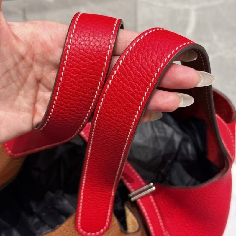 Hermes 金棕拼心紅色 TC皮 銀扣菜籃子22 22*21cm  95新 配件鑰匙 鎖 塵袋 盒子-5