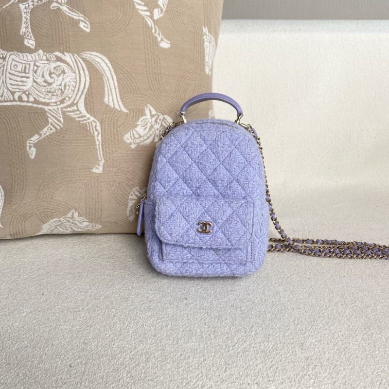 Chanel 毛呢mini後背包紫色帶細閃 金扣 13*17*7 95新 配件塵袋-7