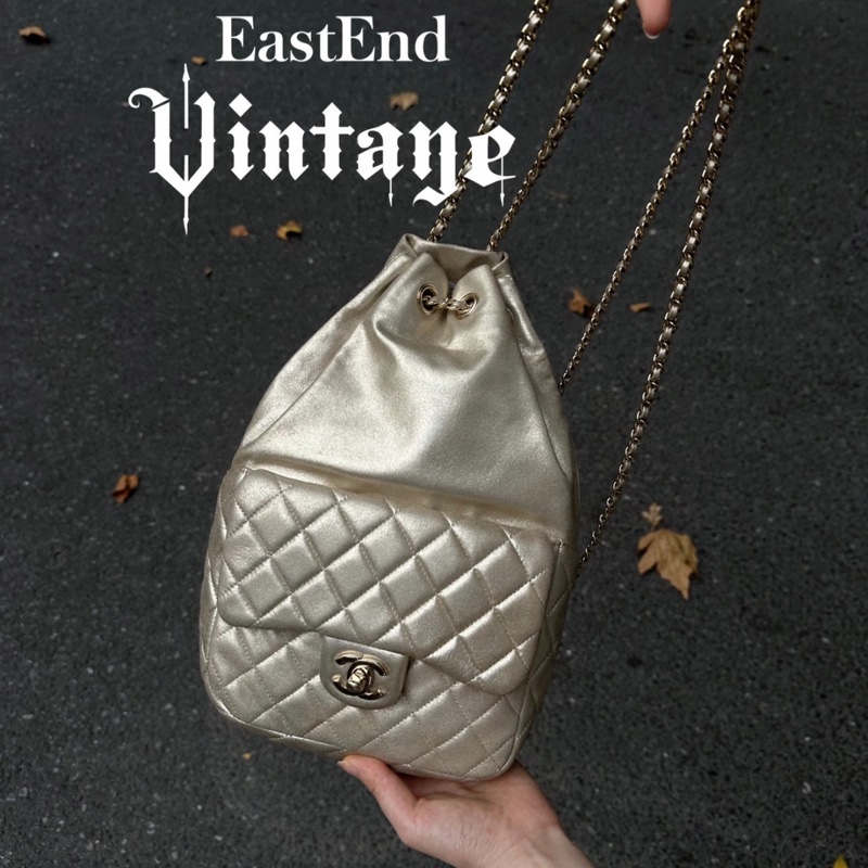 Chanel • 稀有香檳金色金釦羊皮抽繩雙肩包 Jennie同款✨-0