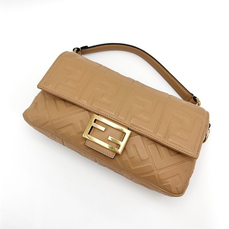 FENDI 奶茶色金扣全皮中號 手提肩背法棍包 27*14*6 9新 配件塵袋-5