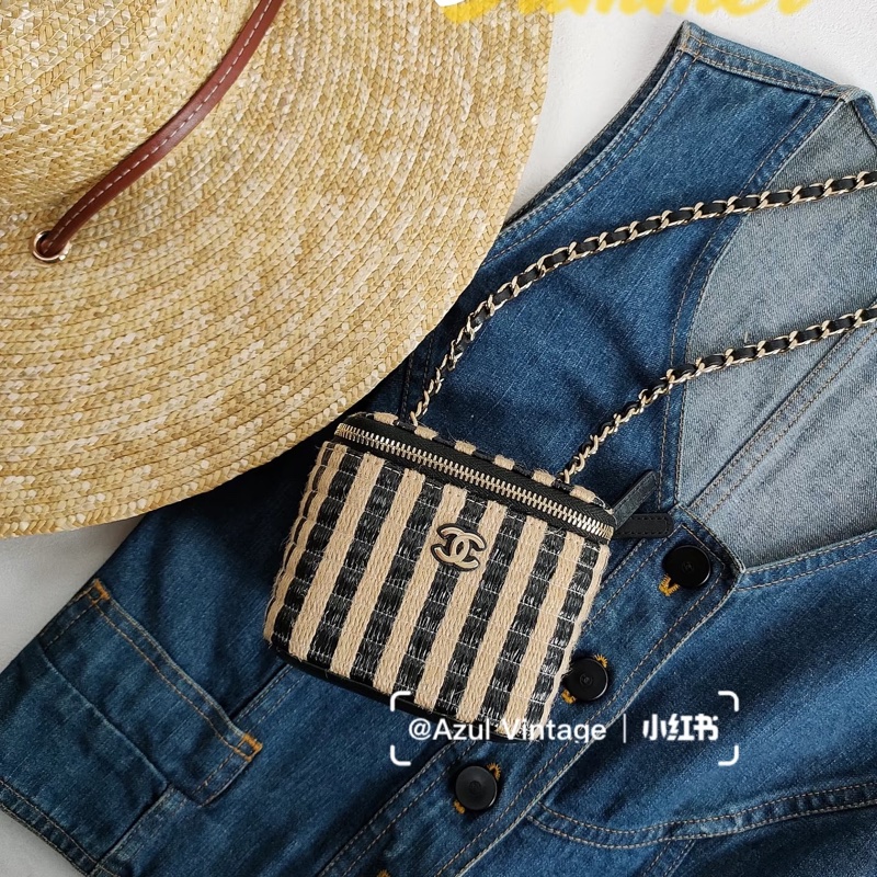 Chanel • 稀有黑白拉菲草金釦小盒子包 帶膜✨-2