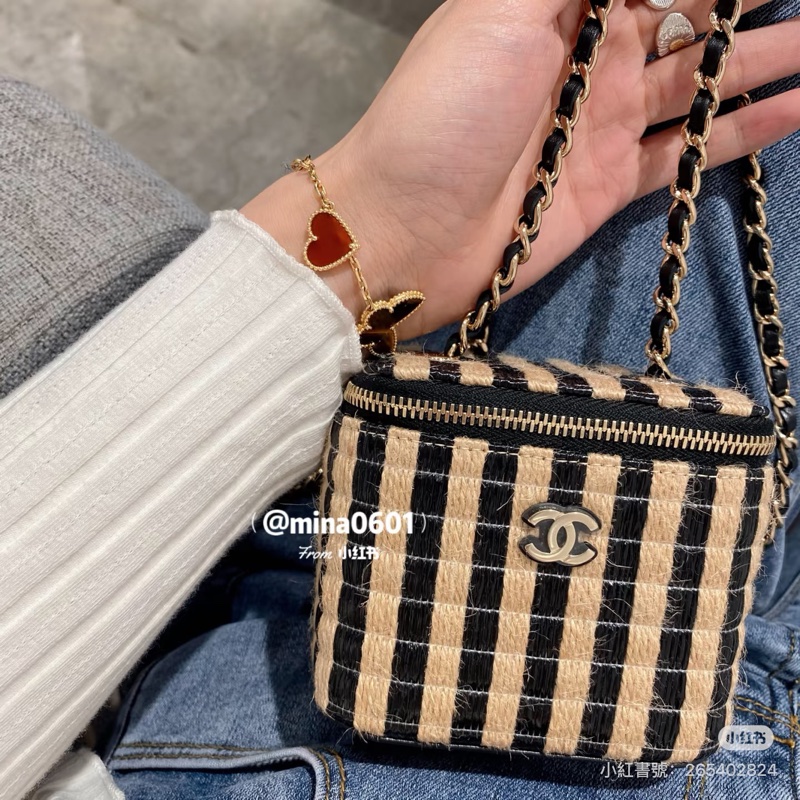 Chanel • 稀有黑白拉菲草金釦小盒子包 帶膜✨-3