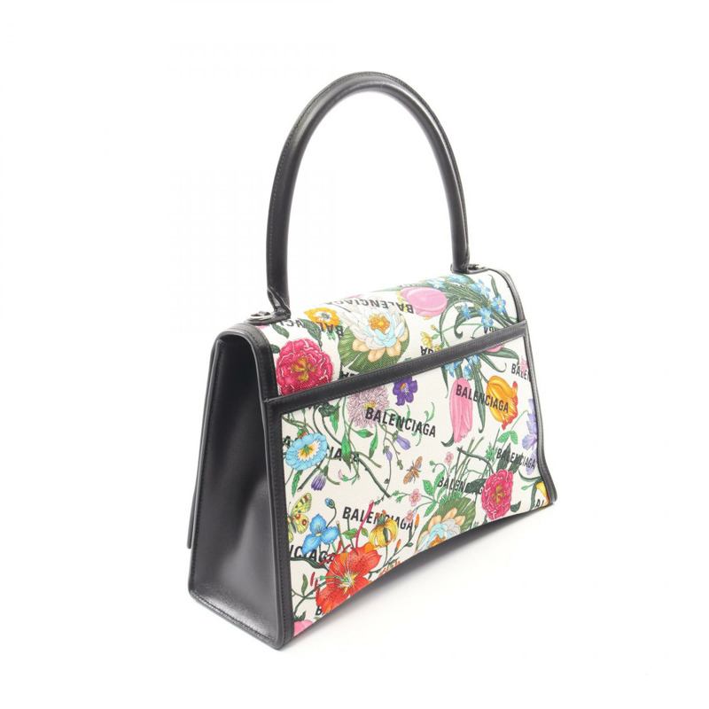 GUCCI BALENCIAGA Flora Hourglass 手提包 681696 帆布皮革 白色 黑色 二手-1