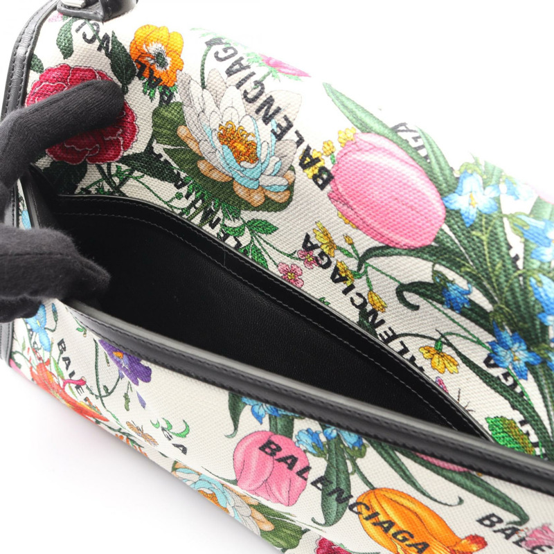 GUCCI BALENCIAGA Flora Hourglass 手提包 681696 帆布皮革 白色 黑色 二手-9