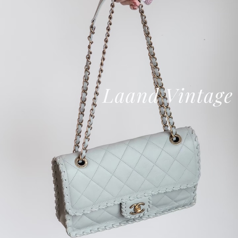 Chanel • 灰色金釦編織滾邊牛皮Cf 翻蓋包 有卡✔️-1