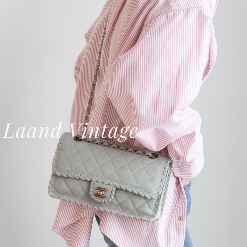 Chanel • 灰色金釦編織滾邊牛皮Cf 翻蓋包 有卡✔️-2