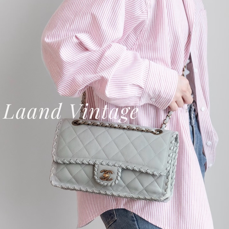 Chanel • 灰色金釦編織滾邊牛皮Cf 翻蓋包 有卡✔️-3