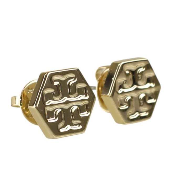 快速出貨！【TORY BURCH】六角形壓印雙T-LOGO造型耳環-金色-0