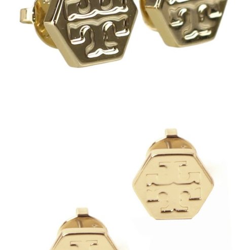 快速出貨！【TORY BURCH】六角形壓印雙T-LOGO造型耳環-金色-1