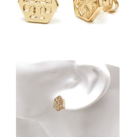 快速出貨！【TORY BURCH】六角形壓印雙T-LOGO造型耳環-金色-2