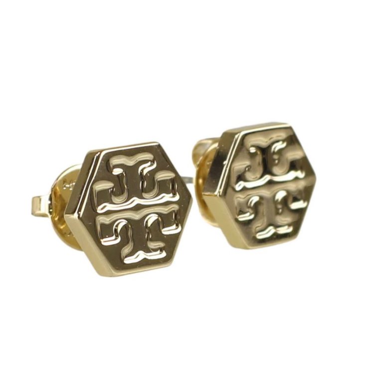 快速出貨！【TORY BURCH】六角形壓印雙T-LOGO造型耳環-金色-3