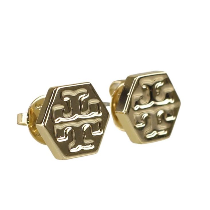 快速出貨！【TORY BURCH】六角形壓印雙T-LOGO造型耳環-金色-4