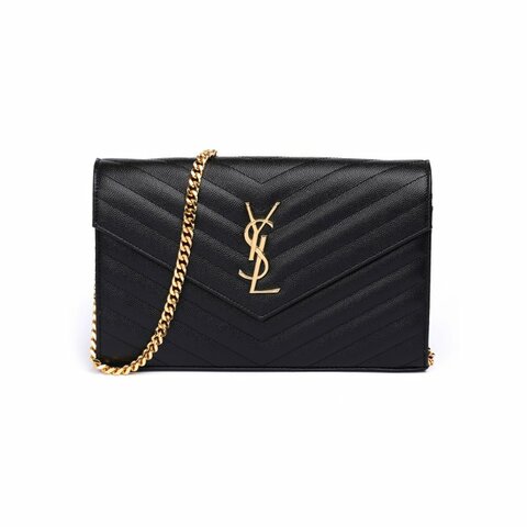 Yves Saint Laurent Monogram In Grain De Poudre Embossed Leather Chain Wallet for Women in Black/Gold - 377828-BOW01-1000