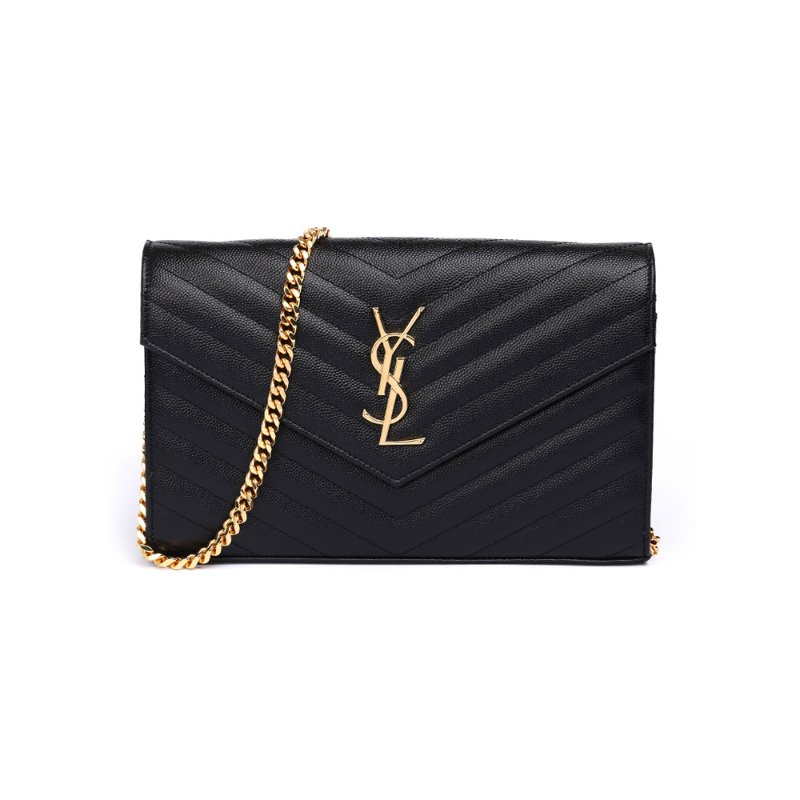 Yves Saint Laurent Monogram In Grain De Poudre Embossed Leather Chain Wallet for Women in Black/Gold - 377828-BOW01-1000-0