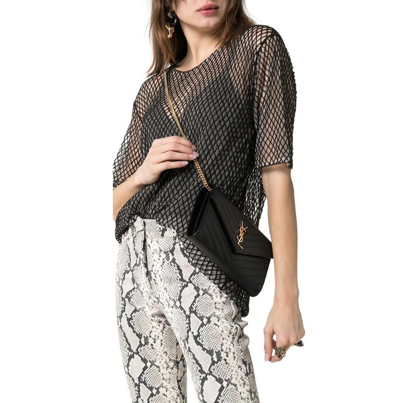 Yves Saint Laurent Monogram In Grain De Poudre Embossed Leather Chain Wallet for Women in Black/Gold - 377828-BOW01-1000-5