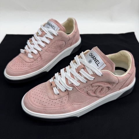 CHANEL香奈兒 麂皮雙C大logo 絨面革 女款 粉色 37.5碼