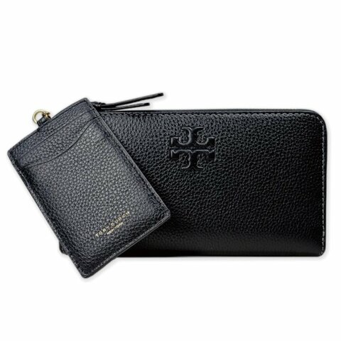 快速出貨！【TORY BURCH】浮雕LOGOㄇ型拉鍊長夾附鍊條證件夾-黑色