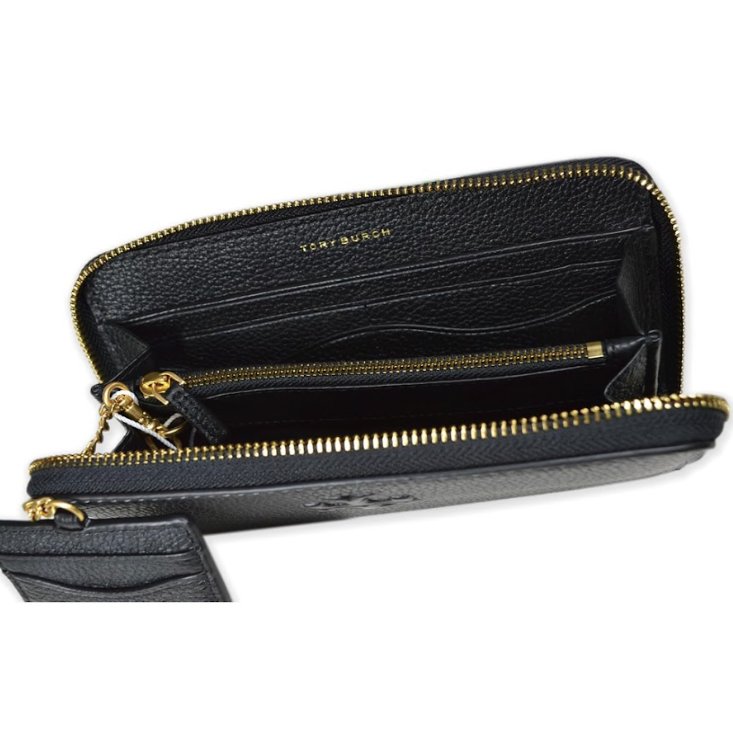 快速出貨!【TORY BURCH】浮雕LOGOㄇ型拉鍊長夾附鍊條證件夾-黑色-1