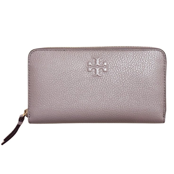 快速出貨!【TORY BURCH】浮雕LOGOㄇ型拉鍊長夾附鍊條證件夾-紫藕灰-1