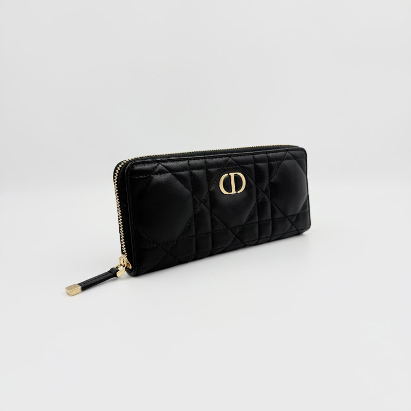 DIOR - 黑色羊皮Macrocannage大籐格紋金釦拉鍊長夾-5