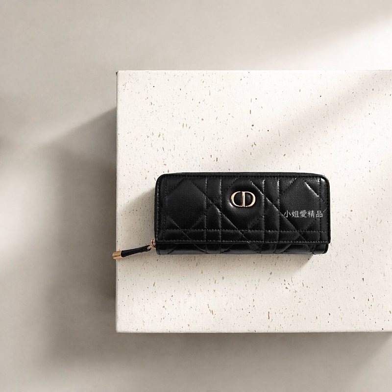 DIOR - 黑色羊皮Macrocannage大籐格紋金釦拉鍊長夾-0