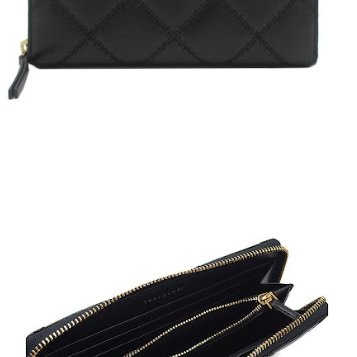 快速出貨!【TORY BURCH】羊皮皮革菱格紋質感拉鍊長夾-黑色-0