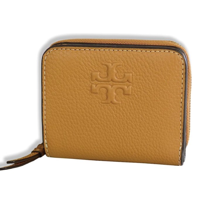 快速出貨!【TORY BURCH】牛皮皮革浮雕logo拉鍊短夾-駝色-0