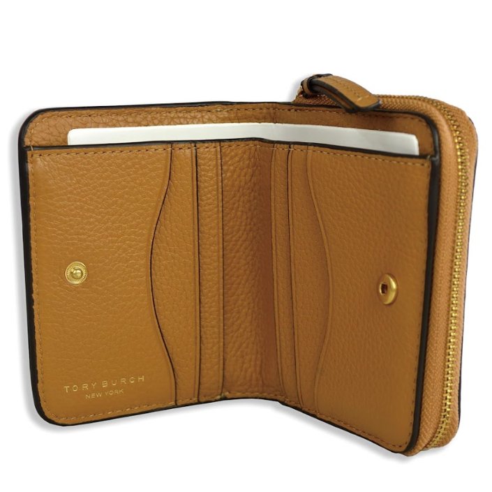 快速出貨!【TORY BURCH】牛皮皮革浮雕logo拉鍊短夾-駝色-1
