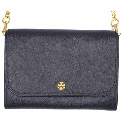 快速出貨！【TORY BURCH】十字紋防刮皮革掀蓋按釦斜背包-黑色