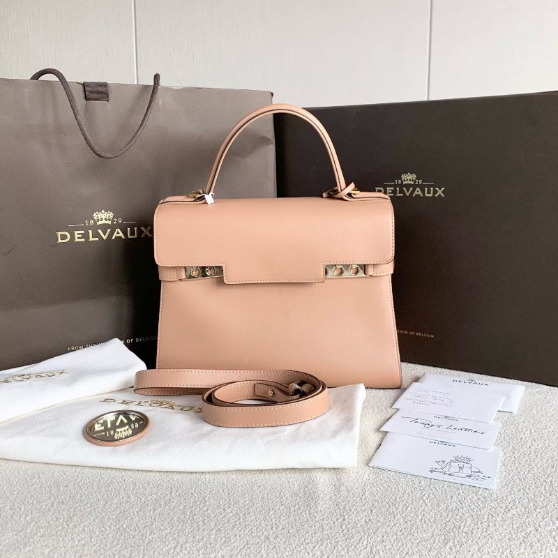 Delvaux Tempete手提斜背包 中號 豆沙色 牛皮 27*21*9 98新配件盒子 塵袋 鏡子 保卡 肩帶-1